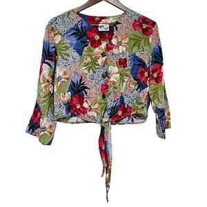 Vintage Go To Pieces Button-Up Crop Top Sz S Floral Rayon Boho Hippie Earthy USA